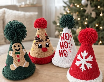Chapeau de Noël fait main à l'aiguille à punch needle pour enfants, bonnet de Père Noël conique, déguisement de fête, accessoire photo renne en pain d'épice