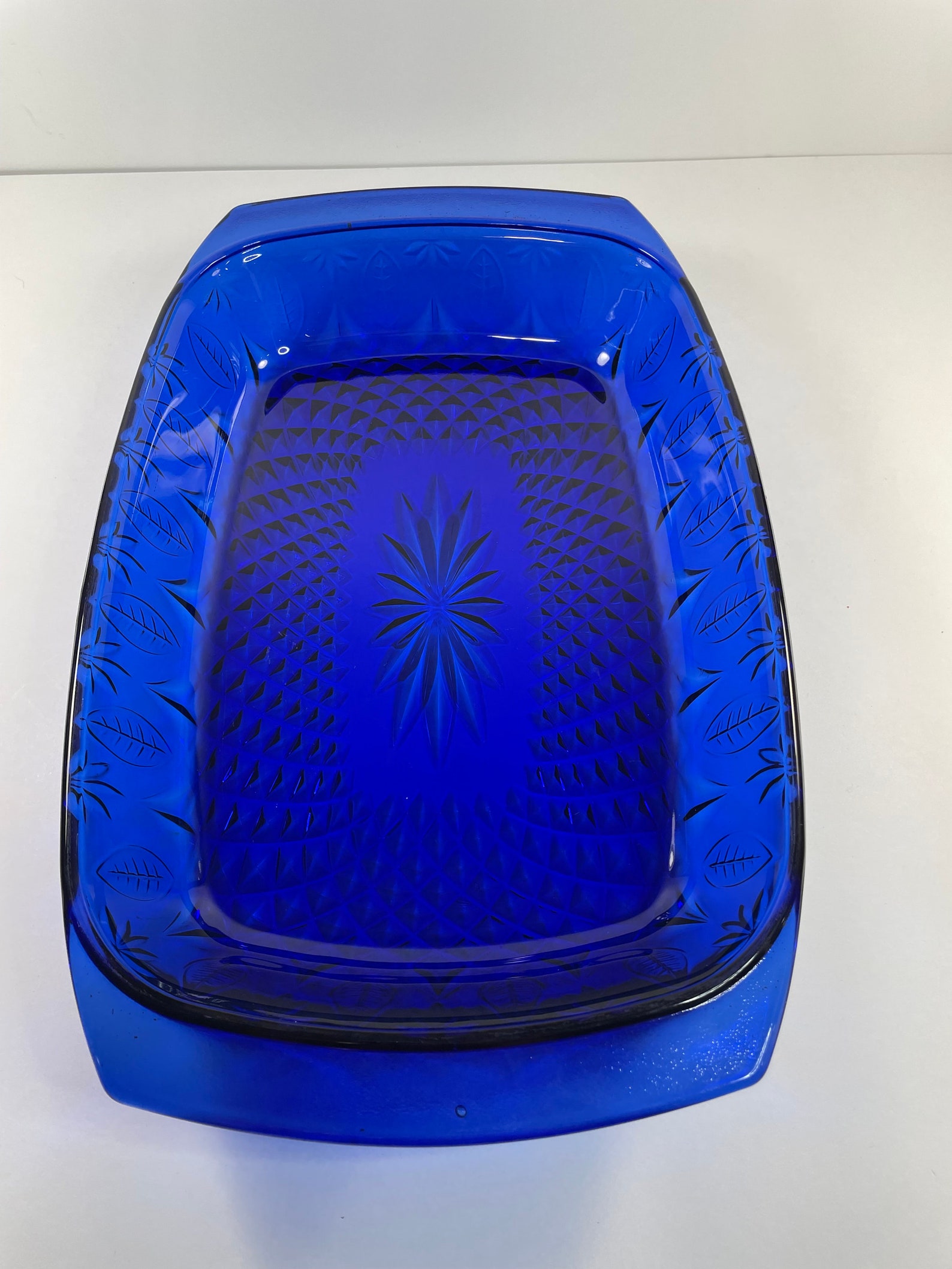 Cobalt blue baking dish maker france 14 beautiful leaf and diamond cut
