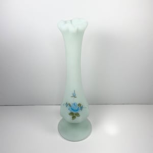 Vintage Fenton Custard Satin Swung Glass Bud Vase Hand Painted Signed