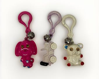 Vtg 80s Plastic Clip Bell Charm Googly Eye Teddy Bear Dog Car Set Of 3