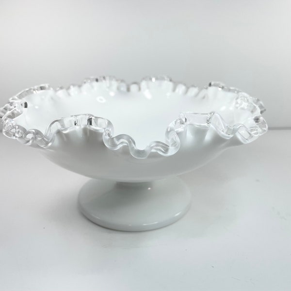 Vintage Fenton Silver Crest Milk Glass Ruffled Edge Pedestal Bowl or Candy Dish