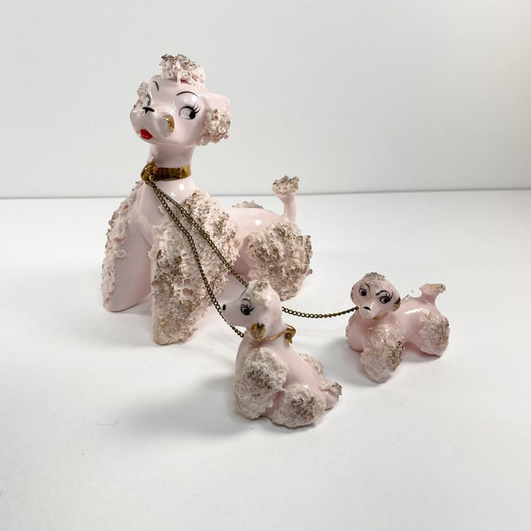 Vtg MCM Pink Spaghetti Poodle Dog Mother With Babies Puppies With Gold Accents