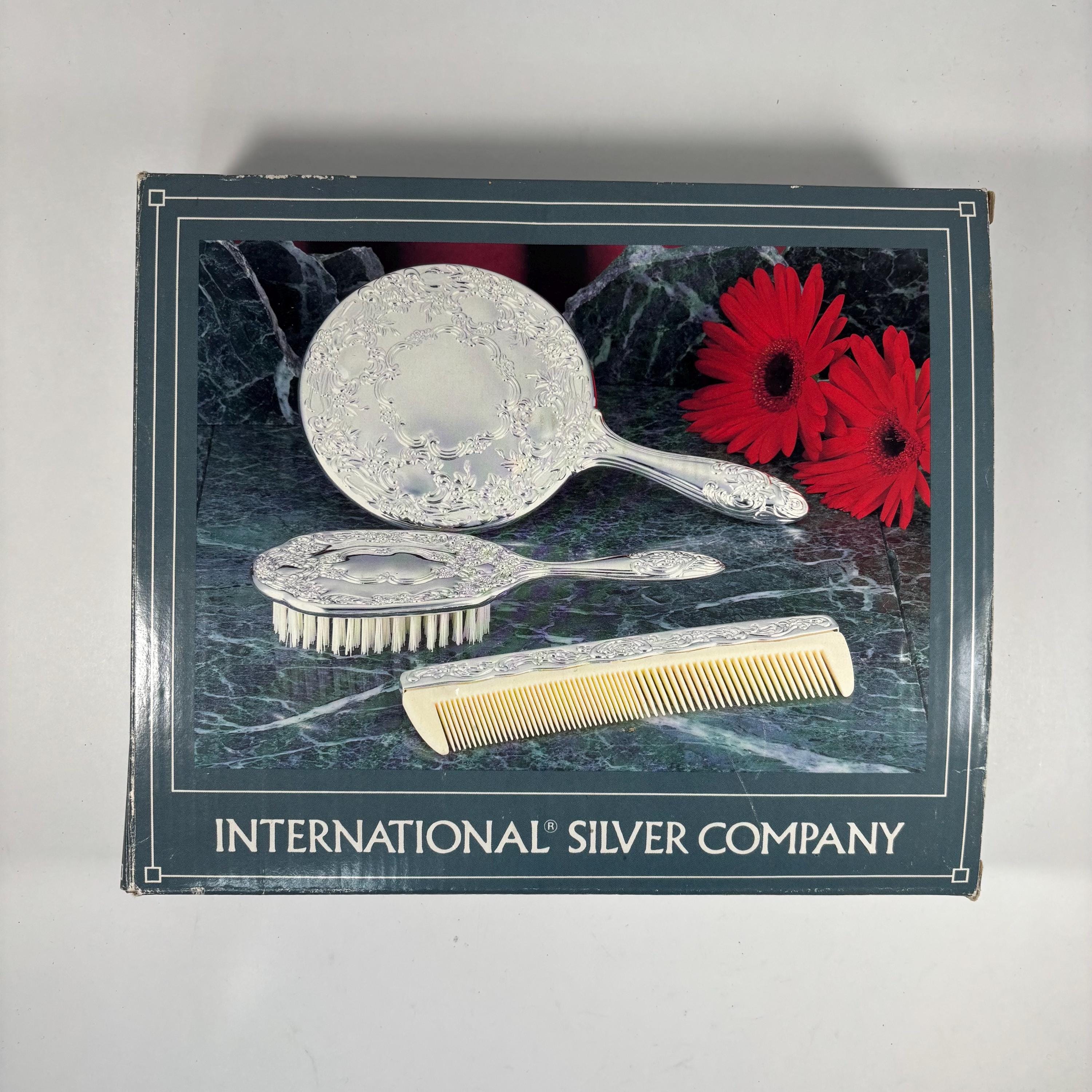 international silver company 3 piece dresser set International Silver Company Silver-Plated 3 Piece Dresser Set