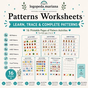 May include: A set of 16 printable educational pattern worksheets titled Patterns Worksheets: Learn, Trace & Complete Patterns. The pages feature various activities for children ages 3 to 6, including AB, AAB, AABB, AABC, and ABCD pattern sequences.