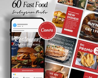 Fast Food Social Media Canva Templates: Restaurant Marketing (60-Page Bundle)