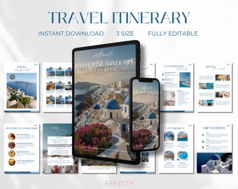 May include: A digital travel itinerary template for Santorini, Greece, displayed on a tablet and smartphone. The design features images of the island's iconic blue-domed buildings and white architecture. Text includes "Travel Itinerary", "Instant Download", and "Fully Editable".