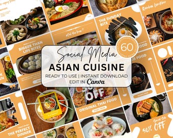 Asian Cuisine Social Media Template for Restaurants, 60 Asian Food Instagram Post Templates, Sushi Ramen Fast Food Menu Canva Templates