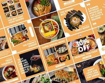 Asian Cuisine Social Media Template for Restaurants, 60 Asian Food Instagram Post Templates, Sushi Ramen Fast Food Menu Canva Templates
