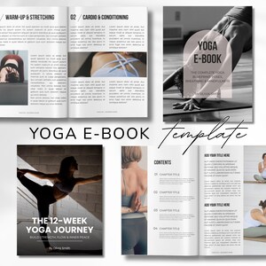 Può includere: Un modello di e-book di yoga con immagini di pose yoga e testo didattico. La copertina presenta il testo "YOGA E-BOOK" e "THE COMPLETE YOGA". Altre pagine mostrano "WARM-UP & STRETCHING" e "CARDIO & CONDITIONING".