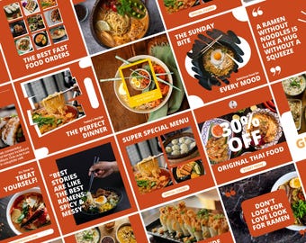 Asian Food Social Media Template for Restaurants, 60 Asian Cuisine Instagram Post Templates, Sushi Ramen Fast Food Menu Canva Templates