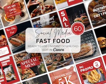 Plantillas de Canva para redes sociales de comida rápida: Marketing para restaurantes (paquete de 60 páginas)