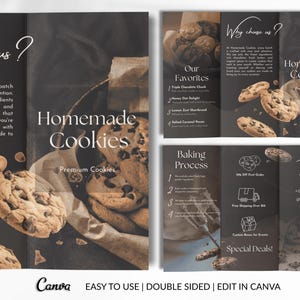 May include: A brochure design for homemade cookies, featuring a dark background and images of chocolate chip cookies. The text includes "Homemade Cookies," "Premium Cookies," and details about the baking process and special deals. The Canva logo is visible.