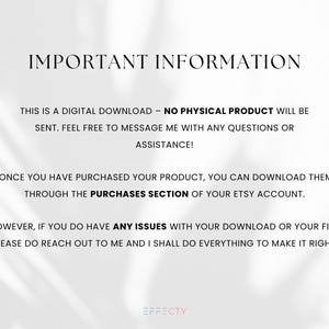 May include: Important information about digital downloads. This text explains that the product is a digital download, not a physical product, and provides instructions on how to download the product after purchase. It also includes information about contacting the seller if there are any issues with the download.