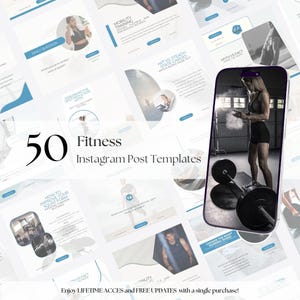 May include: A collection of 50 fitness Instagram post templates. The templates are designed to help fitness professionals and businesses grow their online presence. The templates feature a variety of designs, including quotes, tips, and motivational messages.