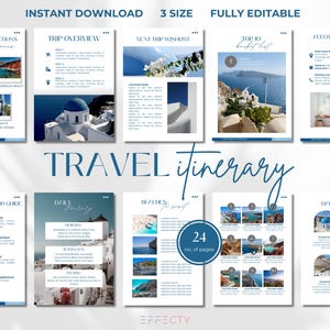 Peut inclure: Un modèle numérique d'itinéraire de voyage au design épuré et moderne. Les pages présentent des images de destinations pittoresques, avec des titres tels que "Aperçu du voyage", "Liste de souhaits du prochain voyage" et "Top 10 des incontournables". Le texte "TRAVEL itinerary" est bien en évidence.