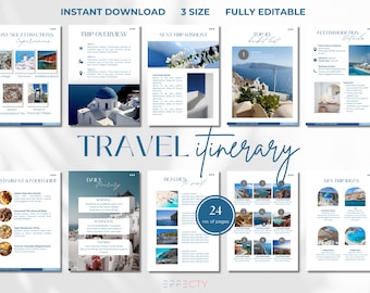 May include: A digital travel itinerary template with a clean, modern design. The pages feature images of scenic destinations, with headings like "Trip Overview," "Next Trip Wishlist," and "Top 10 Bucket List." The text "TRAVEL itinerary" is prominently displayed.