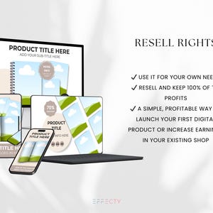 May include: A digital product mockup showing a laptop, desktop computer, and smartphone displaying a product title and description. The text "RESELL RIGHTS" is displayed on the right side of the image with a list of benefits. The text "70% Discount" is displayed on the laptop screen.