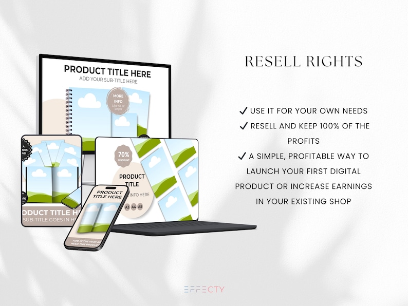 May include: A digital product mockup showing a laptop, desktop computer, and smartphone displaying a product title and description. The text "RESELL RIGHTS" is displayed on the right side of the image with a list of benefits. The text "70% Discount" is displayed on the laptop screen.