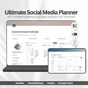 Könnte beinhalten: Ein digitaler Marketingplaner, der auf einem Laptop und Tablet angezeigt wird. Der Bildschirm zeigt einen Content-Creator-Kalender und einen Kampagnen-Tracker. Der Text lautet "Ultimate Social Media Planner" und enthält die Wörter "easy navigation" und "20+ templates".