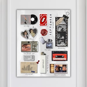 May include: A framed collage of keepsakes, including photos, a cassette tape, a lighter, and a postcard. The collage includes the text "SEPTEMBER" and "2024.08.23 the day we started dating". The items are arranged on a white background.