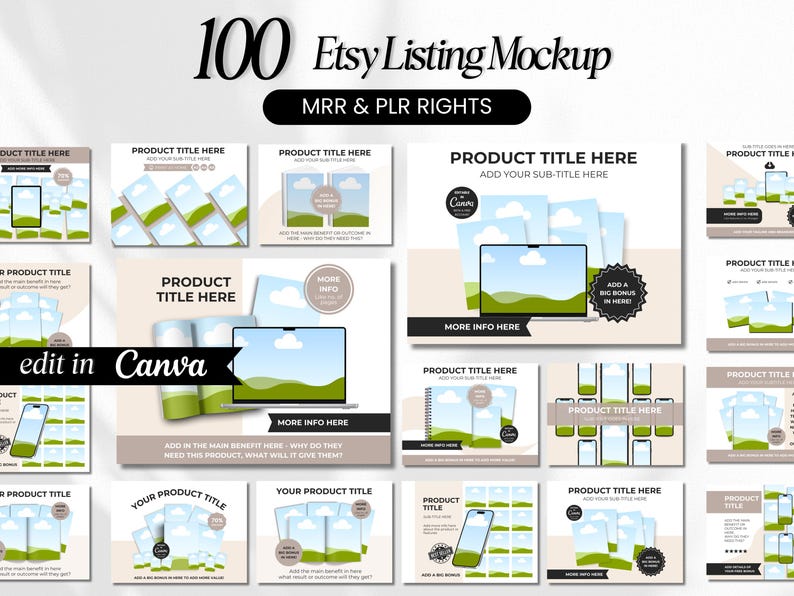 May include: A collection of 100 Etsy listing mockups featuring a variety of product displays, including phones, laptops, and notebooks. The mockups are designed in a modern style with a green and brown color scheme. The text "edit in Canva" is included in the image.