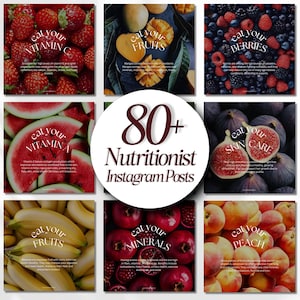 Peut inclure: Un collage de neuf modèles de publication Instagram mettant en scène divers fruits et légumes avec des superpositions de texte. Les superpositions de texte incluent "Mangez vos vitamines C", "Mangez vos fruits", "Mangez vos baies", "Mangez vos vitamines A", "Mangez vos soins de la peau", "Mangez vos fruits", "Mangez vos minéraux" et "Mangez votre pêche". L'image centrale présente un cercle blanc avec le texte "80+ publications Instagram pour nutritionnistes".