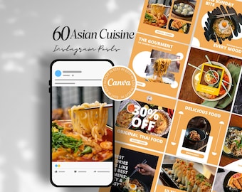 Asian Cuisine Social Media Template for Restaurants, 60 Asian Food Instagram Post Templates, Sushi Ramen Fast Food Menu Canva Templates