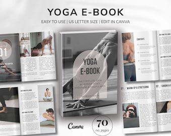 Modello di ebook di yoga di 70 pagine per Canva, modello di quaderno di esercizi per personal trainer di yoga, allenamento personalizzato e coaching nutrizionale.