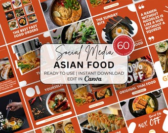 Asian Food Social Media Template for Restaurants, 60 Asian Cuisine Instagram Post Templates, Sushi Ramen Fast Food Menu Canva Templates