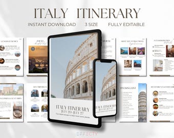 May include: A digital Italy itinerary template displayed on a tablet and smartphone, showcasing the Colosseum. The design includes pages with travel information, titled "Italy Itinerary" and "Instant Download".