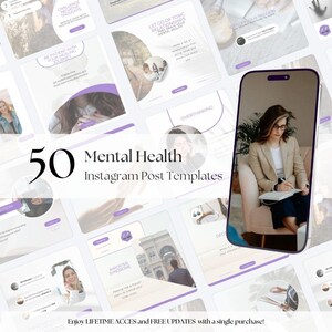 Op de afbeelding: Een collage van 50 Instagram-posttemplates voor mentale gezondheid. De templates bevatten verschillende ontwerpen met paarse accenten en tekst zoals "Daag negatieve gedachten uit", "Wees geduldig met je genezingsproces", "Laat giftige relaties los", "Overdenken", "Imposter-syndroom" en "Deconstrueer je triggers". De tekst "50 Instagram-posttemplates voor mentale gezondheid" staat in groot, vetgedrukt lettertype in het midden van de afbeelding. De tekst "Geniet van LIFETIME-TOEGANG en GRATIS UPDATES met één aankoop!" staat onderaan de afbeelding.