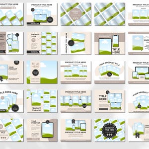 May include: A collection of 20 social media post templates featuring a green and blue landscape design with text overlays. The templates include various layouts with different text placements and image arrangements.