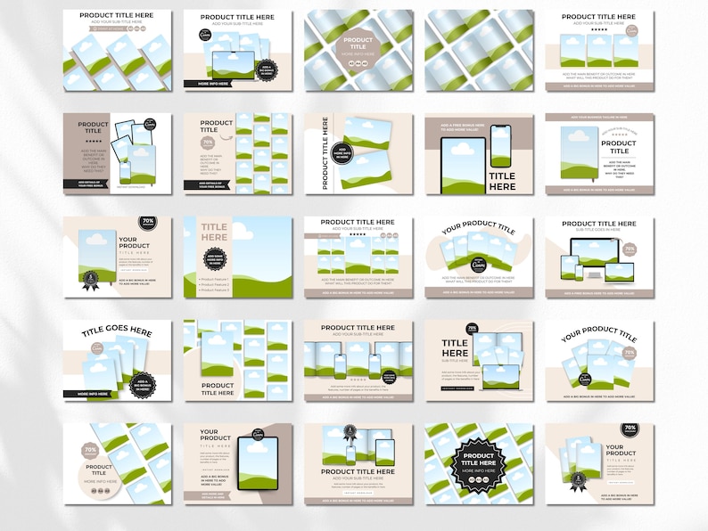 May include: A collection of 20 social media post templates featuring a green and blue landscape design with text overlays. The templates include various layouts with different text placements and image arrangements.
