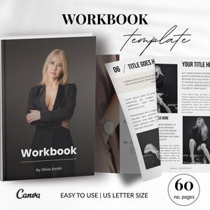 Pode incluir: Um modelo de pasta de trabalho com uma capa escura exibindo uma pessoa de blazer preto e o texto Workbook By Olivia Smith. As páginas internas mostram layouts com fotografias em preto e branco, texto e o logotipo do Canva.