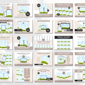 May include: A collection of 20 social media post templates featuring a variety of layouts with green and blue color schemes. The templates feature images of nature, including a blue sky with white clouds and green grass. The templates also include text boxes for product titles and descriptions.