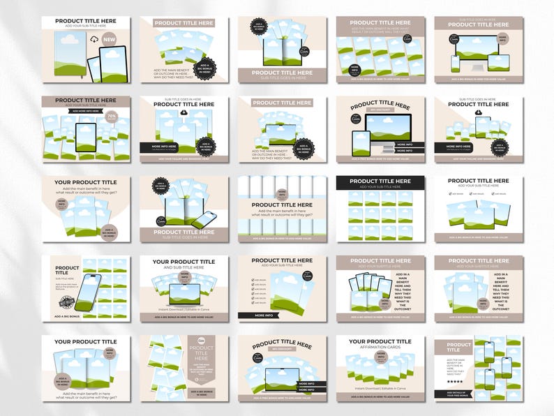 May include: A collection of 20 social media post templates featuring a variety of layouts with green and blue color schemes. The templates feature images of nature, including a blue sky with white clouds and green grass. The templates also include text boxes for product titles and descriptions.