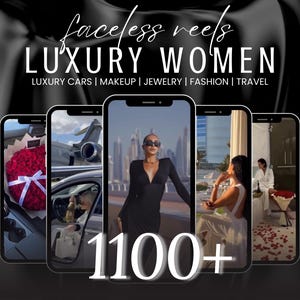 Pode incluir: Uma coleção digital de 1100+ reels sem rosto com temas de luxo. O gráfico exibe várias telas de smartphone mostrando imagens de estilo de vida de alto padrão, incluindo carros, maquiagem, joias, moda e viagens em um fundo preto.