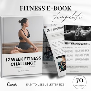 Peut inclure: Un modèle de livre électronique de fitness intitulé "12 Week Fitness Challenge" avec une femme en tenue d'entraînement. Le livre ouvert présente du contenu sur la nutrition et les entraînements de musculation. Le livre a 70 pages et est au format US Letter.