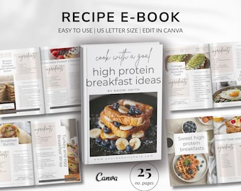 High Protein Breakfast Recipe Ebook Template for Fitness Coaches  Content Creators 25 Page Canva Cookbook with Nutrition Info