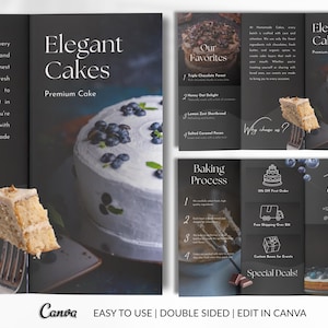 May include: An advertisement for "Elegant Cakes" featuring a white cake with blueberries, a slice of cake on a fork, and text. The brochure highlights cake flavors, the baking process, and special deals.