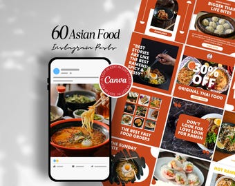 Asian Food Social Media Template for Restaurants, 60 Asian Cuisine Instagram Post Templates, Sushi Ramen Fast Food Menu Canva Templates