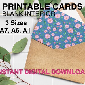 Printable Blank Card, Digital Greeting Card, Thank You Card, Invite & Bookmarks, Floral Pink Daisy, RSVP Cards in 3 Sizes: A7, A6, and A1