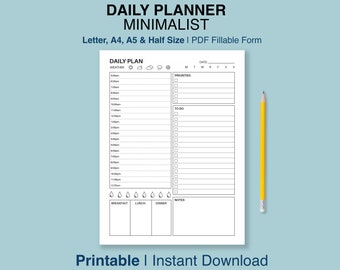 Daily Planner Minimalist Printable, Daily To Do List for Work & Home, Undated Planner Inserts for Productivity, Letter/A4/A5/Half Letter