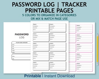 Password Log | Tracker Printable Pages: Password Keeper, Password Organizer, Letter/A4/A5/Half Letter, 5 Colors, Instant Download PDF