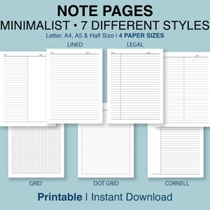 May include: Printable note pages in seven different styles: half unlined, lined, grid, dot grid, and Cornell. The pages are available in four sizes: letter, A4, A5, and half. The image shows a blue background with white paper pages.