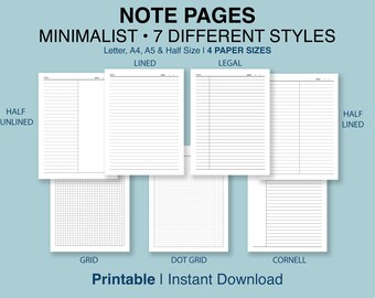 Notes, Liniert, Rechtlich, Cornell, Graph, Dot Grid Paper Bundle. 7 einzigartige druckbare Seiten in 4 Größen: Letter/A4/A5/Half Letter & 2 PDF Forms