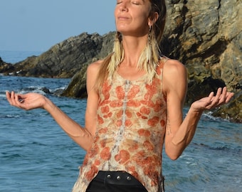 Gevilte jurk met ecoprint, merinowol, boho-festivalkleding
