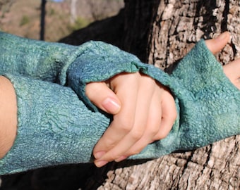 Vingerloze handschoenen van vilten merinowol, turkoois armwarmers