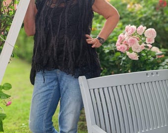 Handgemaakte vilten zijden top, doorschijnende boho-blouse