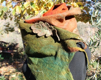 Schal mit Brosche, großer doppelseitiger Schal aus Wolle und Seide. Grüner und orangefarbener Schal. Umweltfreundlicher Hippie-Schal. Einzigartiger Wendeschal.